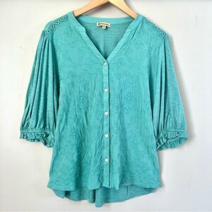 Democracy Teal Three Quarter Puff Sleeve Mandarin Collar Embroidered Blouse XL